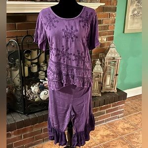 Rayon embroidered shirt with matching cropped pants.